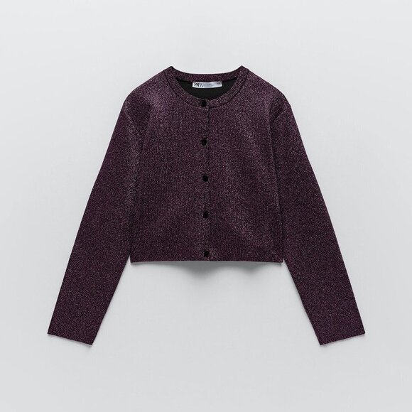 NWT Zara purple & black shimmery tinsel-like knit cropped cardigan sweater - Picture 4 of 9